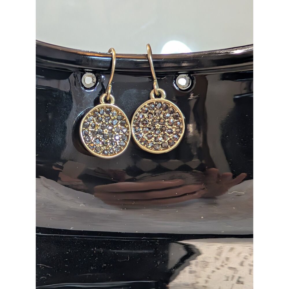 Vintage Kenneth Cole Signed KC Gold Pave Black Rhinestone Disc Drop Earrings